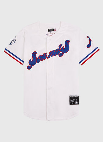 The EFF Nashville Sounds MiLB Button Down Jersey features a white design with blue and red sleeve stripes, 