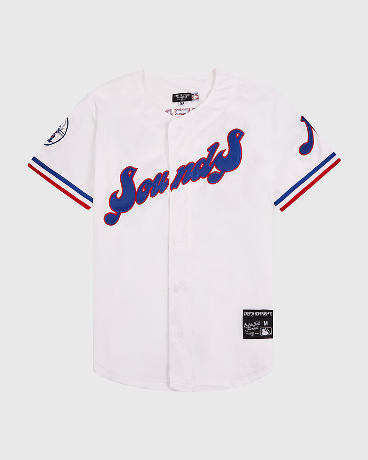 The EFF Nashville Sounds MiLB Button Down Jersey features a white design with blue and red sleeve stripes, 