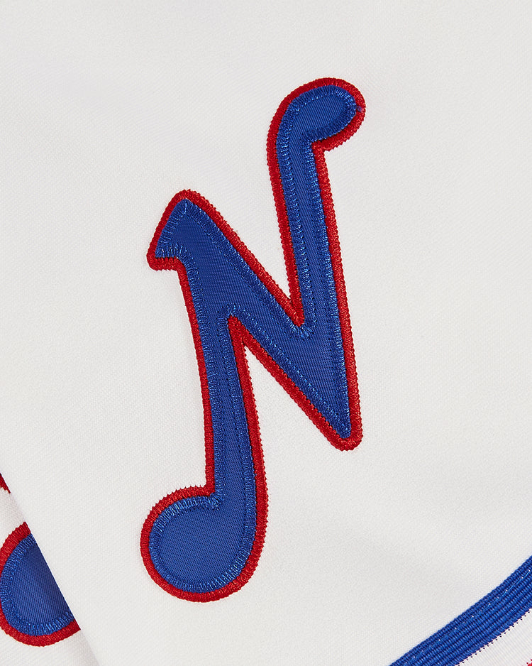 The EFF Trevor Hoffman Nashville Sounds Button Up Jersey features a blue felt letter N with red outline stitched on white fabric, accented by blue trim at the bottom—a nod to classic Sounds jersey styling.