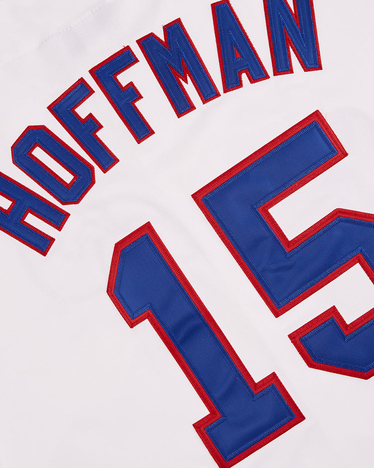 A white Nashville Sounds EFF MiLB Button Down Jersey by EFF, with HOFFMAN in blue outlined letters and large blue number 15 edged in red—a classic tribute to Minor League Baseball history.