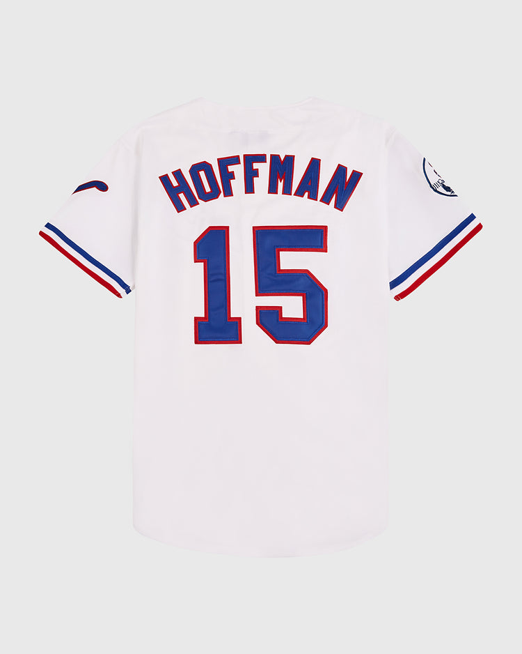 A white EFF Nashville Sounds MiLB button-down jersey featuring HOFFMAN and 15 in blue with red outline on the back, red and blue sleeve stripes, and a patch—ideal for any Vintage Minor League collection.