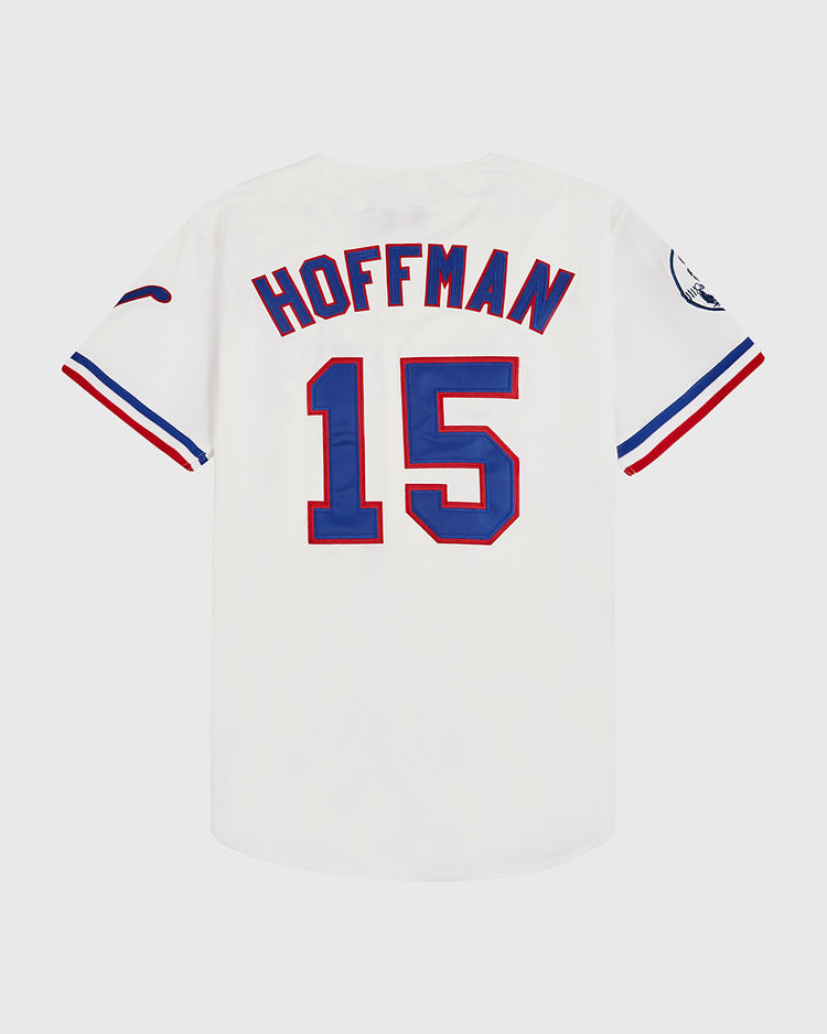 A white EFF Trevor Hoffman Nashville Sounds button up jersey with red and blue trim, “HOFFMAN” and number 15 in bold blue and red on the back, plus a baseball logo patch on the left sleeve.