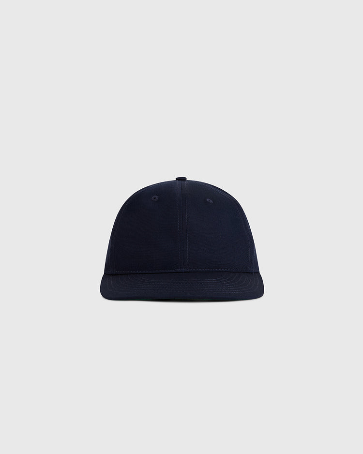 The Ebbets Field Navy Cotton Twill Ballcap is displayed from the front against a light gray background.