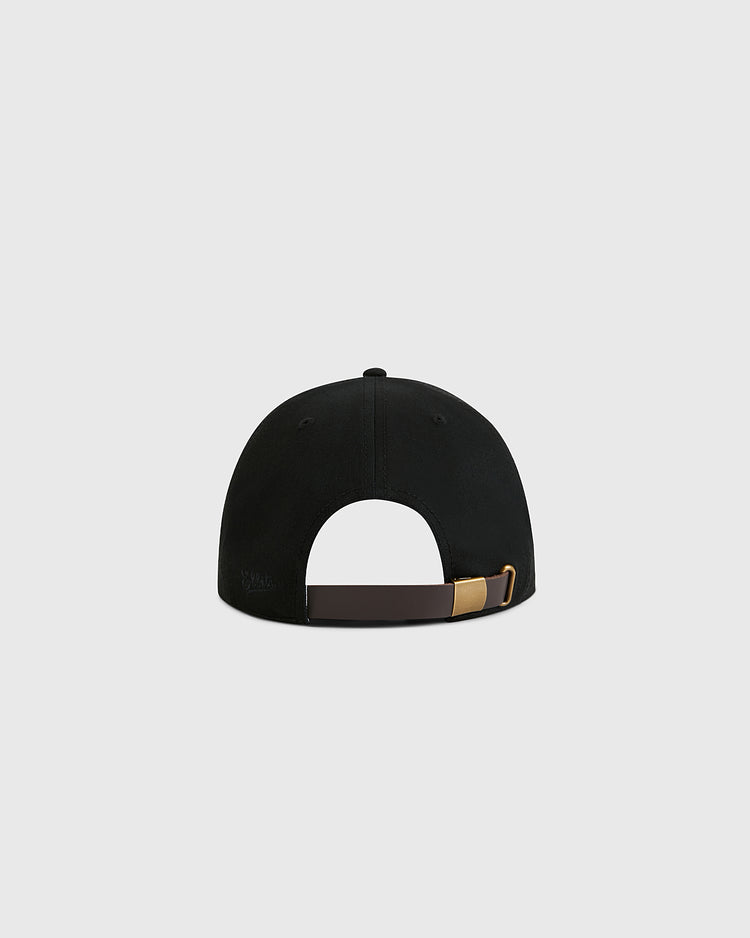 The Ebbets Field Black Cotton Twill Ballcap features classic vintage styling with a comfortable cotton twill fabric and a striking gold buckle for timeless appeal.