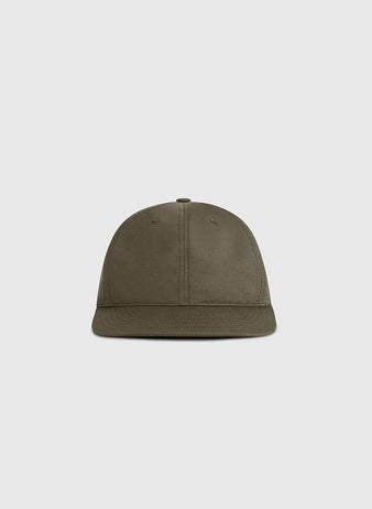 The Ebbets Field Olive Green Cotton Twill Ballcap is displayed against a light gray background, shown from the front with a slightly curved brim and visible stitching.