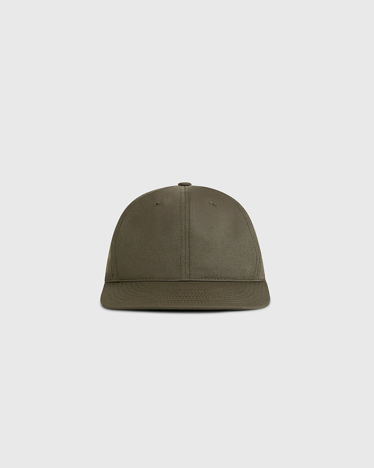 The Ebbets Field Olive Green Cotton Twill Ballcap is displayed against a light gray background, shown from the front with a slightly curved brim and visible stitching.