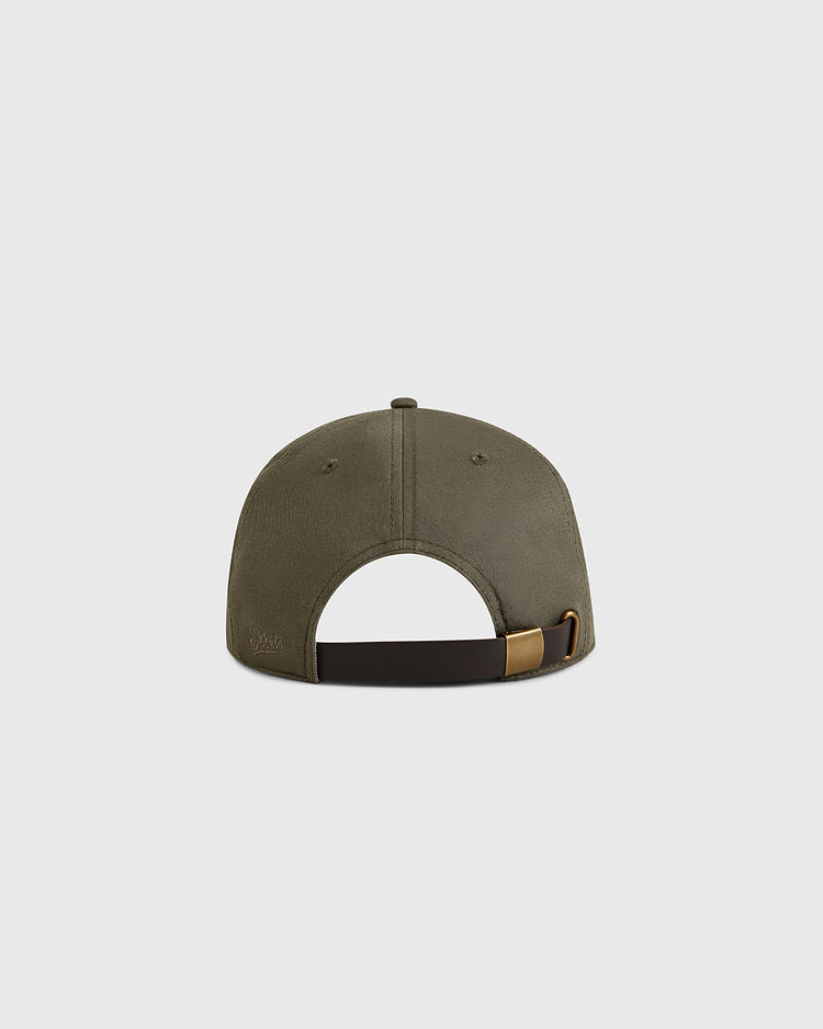 The Olive Green Cotton Twill Ballcap by Ebbets Field is shown from the back, featuring a black adjustable strap with a gold buckle, set against a plain light gray background for a classic vintage look.