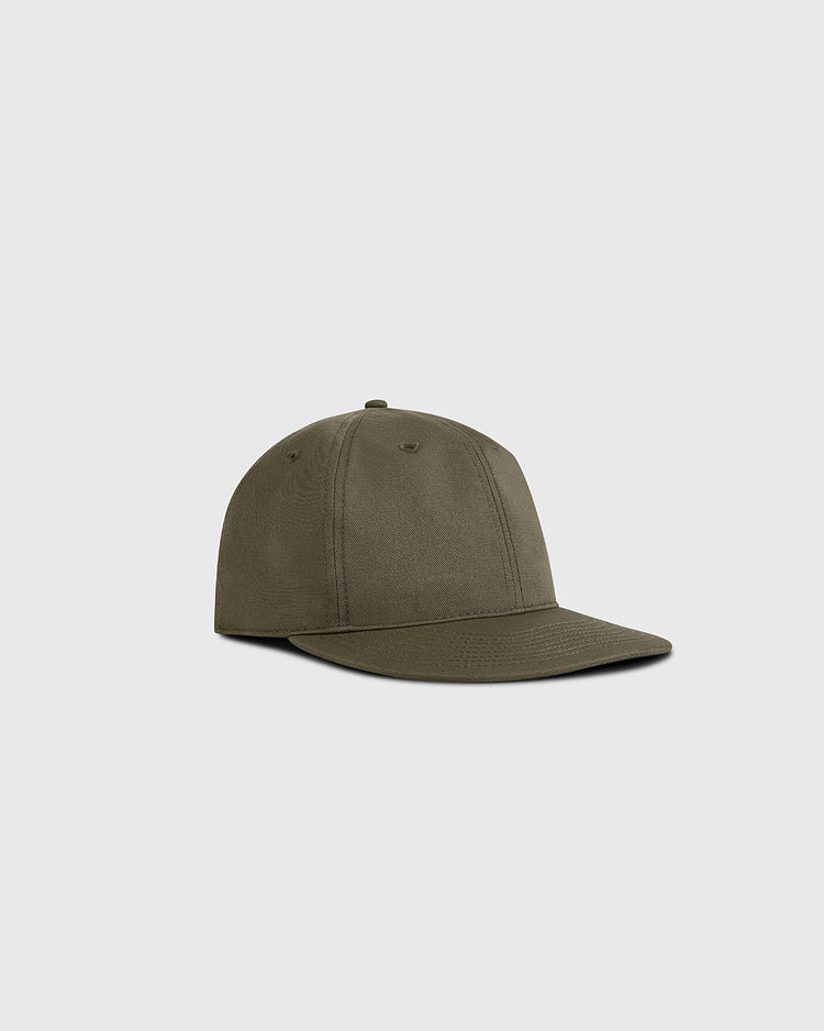 The Ebbets Field Olive Green Cotton Twill Ballcap, featuring a curved brim, is shown on a light gray background.