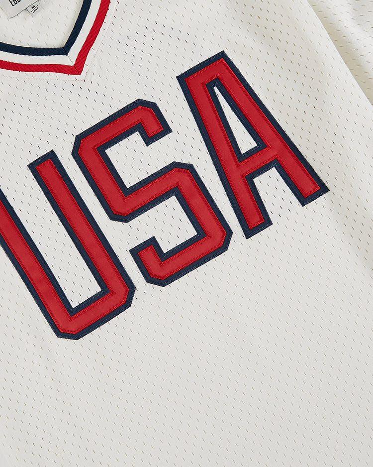 A close-up of the Ebbets Field USA National Team Mesh V-Neck Jersey shows bold red USA letters with blue outlines across the chest, mesh fabric with small perforations, and a partially visible red and blue-trimmed collar.