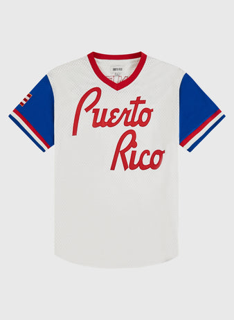 The Ebbets Field Puerto Rico 1976 National Team Mesh V-Neck Jersey features 