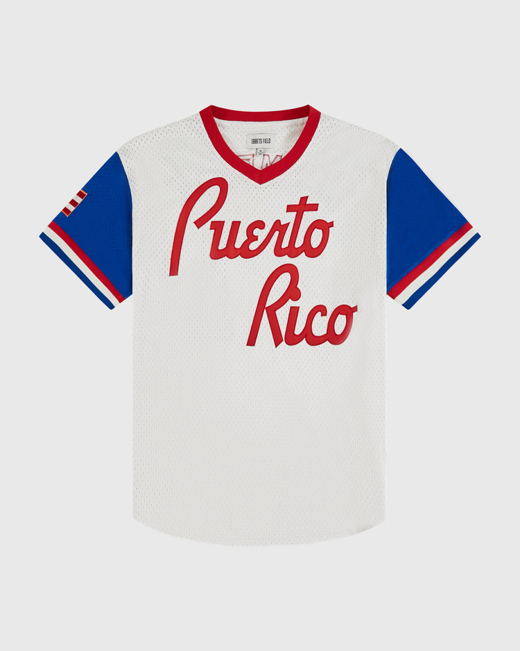 The Ebbets Field Puerto Rico 1976 National Team Mesh V-Neck Jersey features 