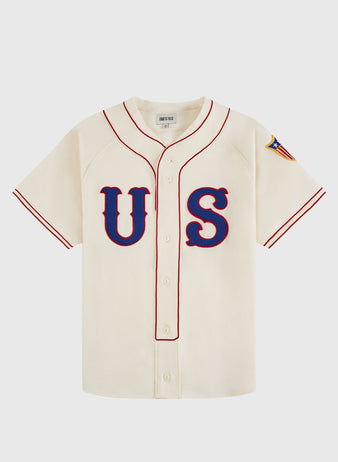 The Ebbets Field USA National Team 1936 Authentic Wool Baseball Jersey features a cream design with red piping, bold blue and red 