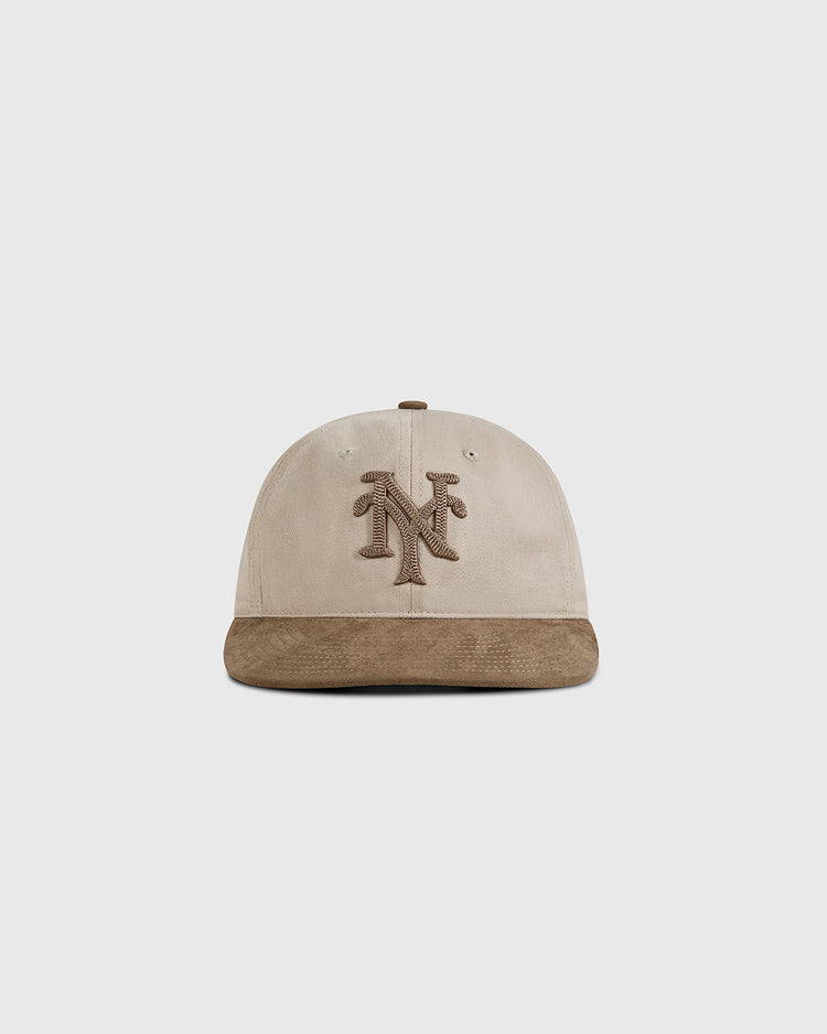 The Ebbets Field New York Cubans 1948 Cotton Twill Suede Ballcap features a beige crown, brown suede brim, and an embroidered NY logo, inspired by the classic 1948 ballcap and shown on a plain white background.