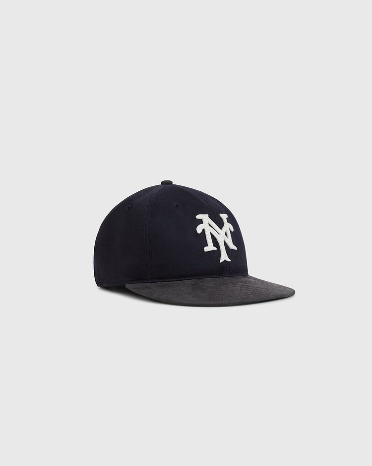 The Ebbets Field New York Cubans 1948 Cotton Twill Suede Ballcap is a black vintage flat-brim hat with a white 