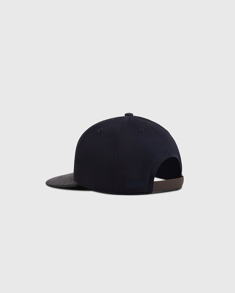 A dark navy Brooklyn Royal Giants 1925 Cotton Twill Suede Ballcap by Ebbets Field, shown from the back with a curved brim, adjustable strap, and subtle side embroidery. Light gray background.