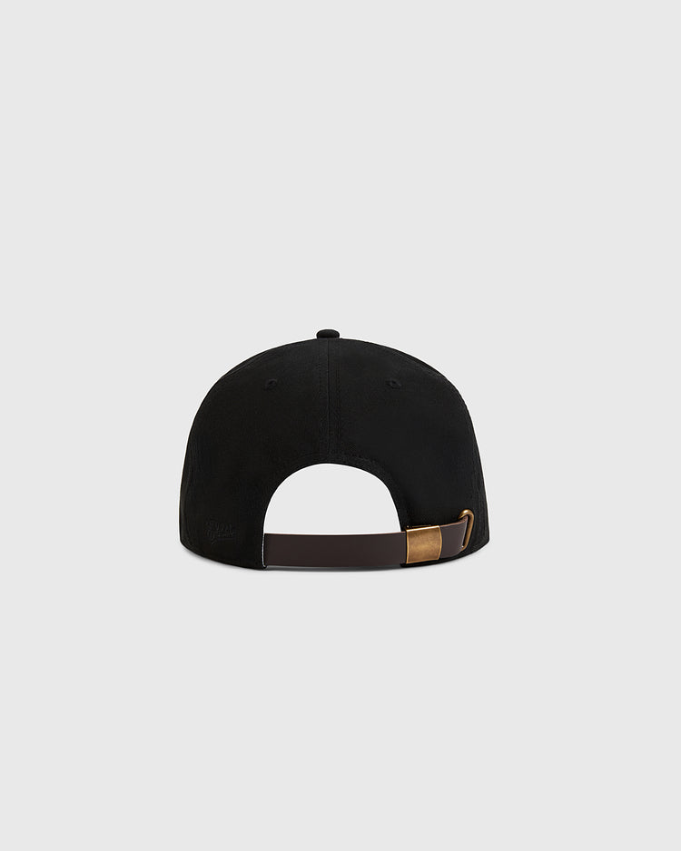 The Ebbets Field New York Cubans Cotton Twill Ballcap, shown from the back against a light gray background, features a black design inspired by the Negro League team and an adjustable brown leather strap with a brass buckle.