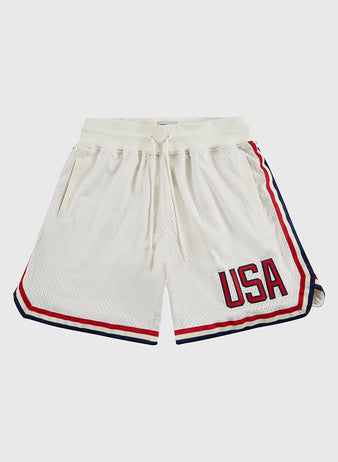 Ebbets Field USA National Team Mesh Shorts feature white athletic mesh, red and blue side stripes, 
