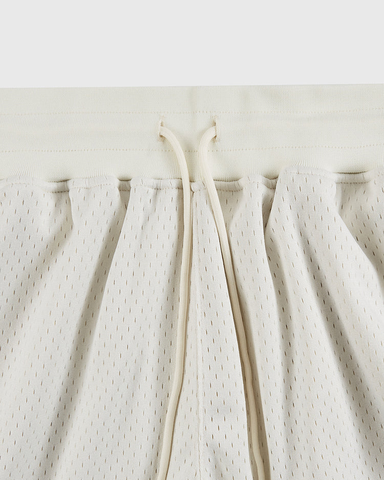 Close-up of the waistband and drawstrings on Ebbets Field USA National Team Mesh Shorts, showcasing perforated fabric and gathered waist—ideal for baseball or evoking the iconic 1956 USA Olympics athletic look.