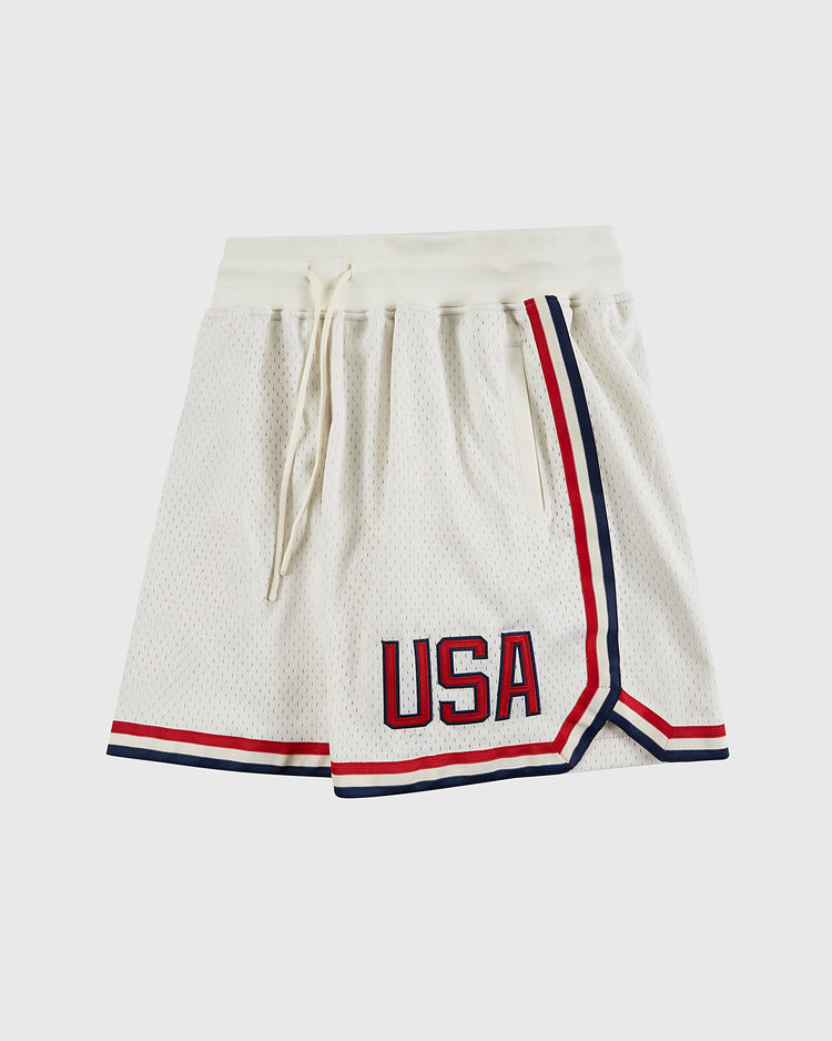 Ebbets Field USA National Team Mesh Shorts feature white mesh with red and navy trim, a drawstring waist, and bold 