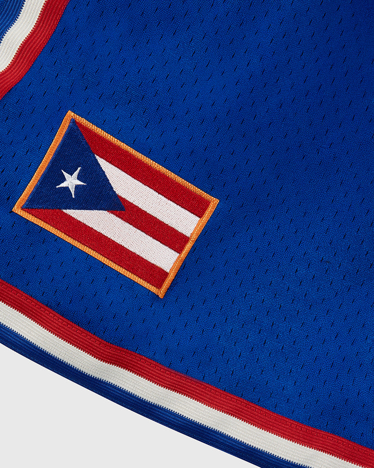 A close-up of blue Santurce Cangrejeros Mesh Shorts by Ebbets Field, featuring a stitched Puerto Rican flag patch and red, white, and blue striped trim, reminiscent of Roberto Clemente tribute baseball shorts.