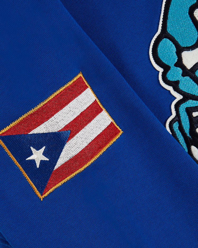 A close-up of a Puerto Rican flag patch on blue fabric and turquoise/white embroidery, featured on the Santurce Cangrejeros Heavyweight Cotton Pullover Hoodie by Ebbets Field—perfect for fans.