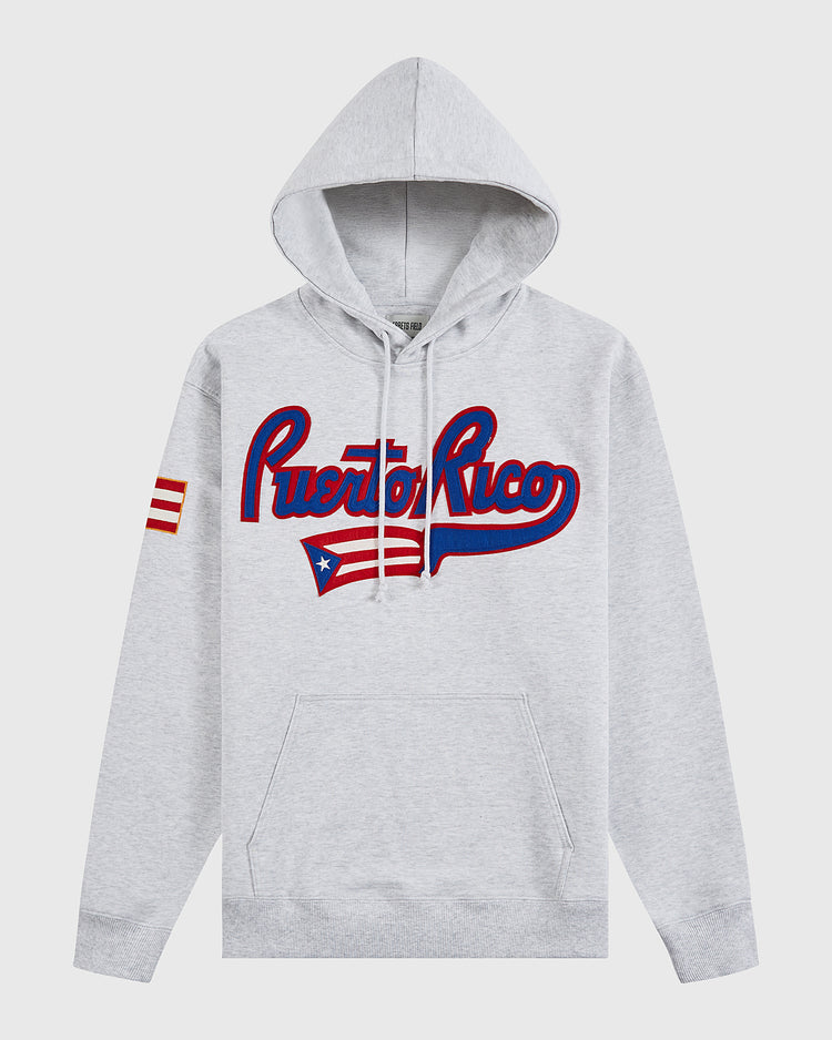 The Ebbets Field Puerto Rico 1972 National Team Heavyweight Cotton Terry Pullover Hoodie in light gray features 