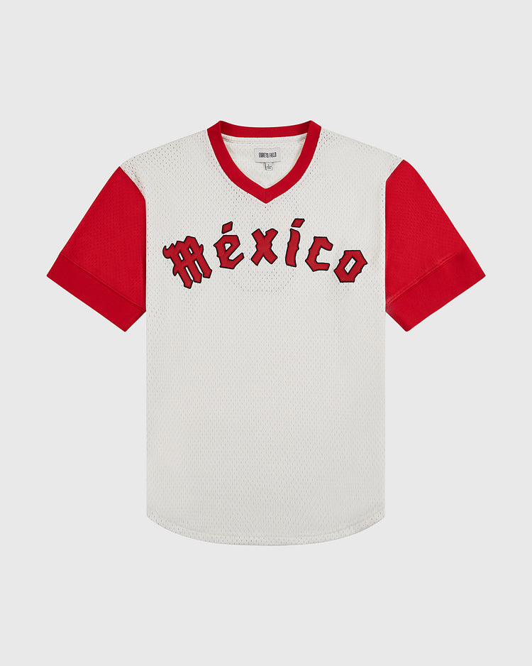 The Ebbets Field Diablos Rojos de Mexico V-Neck Mesh Jersey features white mesh with bold red sleeves, collar, and 