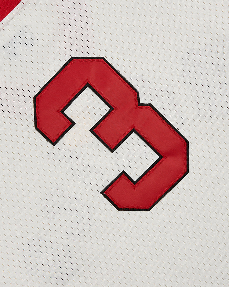 Close-up of the Ebbets Field Diablos Rojos de Mexico V-Neck Mesh Jersey, showcasing a large red number 33 with black outline on breathable mesh fabric from the Liga Mexicana de Beisbol.
