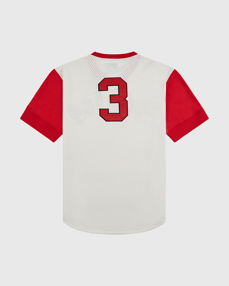 The Ebbets Field Diablos Rojos de Mexico V-Neck Mesh Jersey features short red sleeves, a white mesh body, and a bold red and black number 3 on the back—an ideal addition to any Mexican baseball jersey collection.