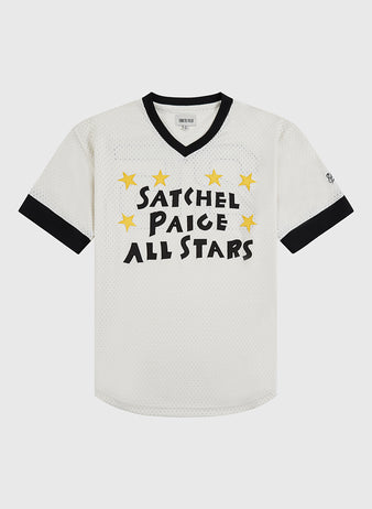 The Ebbets Field Satchel Paige All-Stars Mesh V-Neck Jersey is a white short-sleeve jersey with black trim, bold SATCHEL PAIGE ALL-STARS lettering, and yellow stars—a tribute to Negro League baseball history.