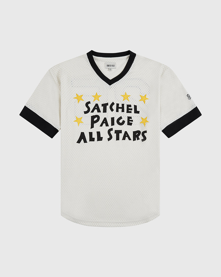 The Ebbets Field Satchel Paige All-Stars Mesh V-Neck Jersey is a white short-sleeve jersey with black trim, bold SATCHEL PAIGE ALL-STARS lettering, and yellow stars—a tribute to Negro League baseball history.