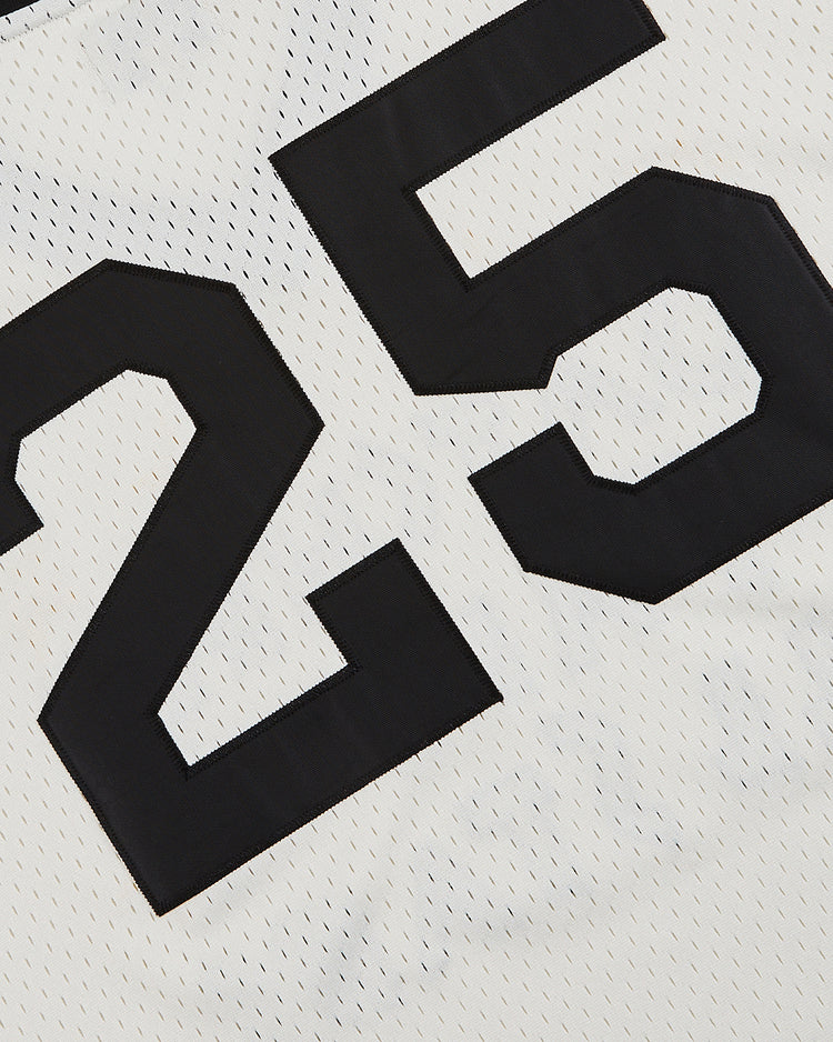 Close-up of the Ebbets Field Satchel Paige All-Stars Mesh V-Neck Jersey in white mesh with black detailing and bold number 25, inspired by classic Negro League baseball style.