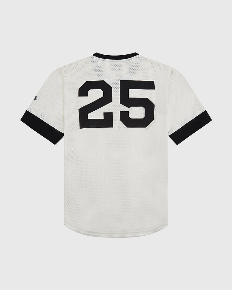 The Ebbets Field Satchel Paige All-Stars Mesh V-Neck Jersey features white mesh with black trim, inspired by Negro League style, and displays a bold black number 25 on the back.