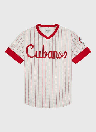 The Ebbets Field Havana Cubans Mesh V-Neck Jersey features red pinstripes, cuffs, and collar with 