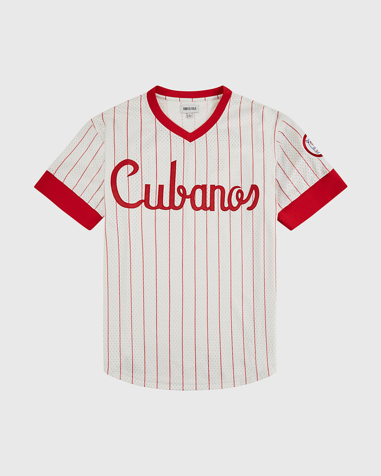 The Ebbets Field Havana Cubans Mesh V-Neck Jersey features red pinstripes, cuffs, and collar with 