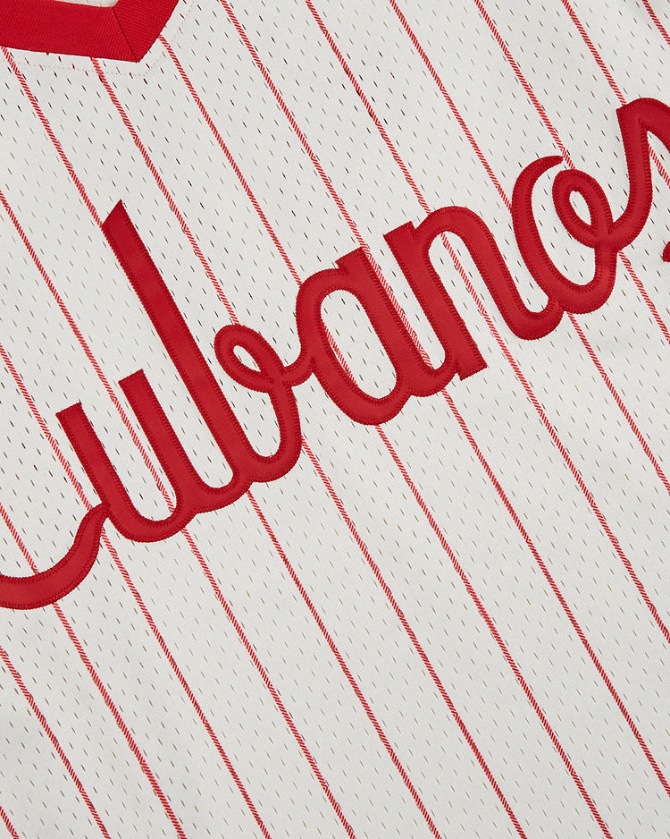 Close-up of the Ebbets Field Havana Cubans Mesh V-Neck Jersey, featuring thin red vertical stripes and 