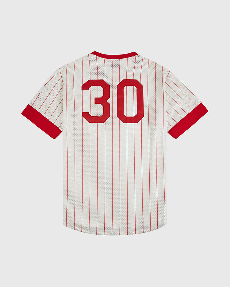 The Havana Cubans Mesh V-Neck Jersey by Ebbets Field features white mesh with red pinstripes, red sleeve cuffs, and bold red number 30 on the back—a vintage minor league baseball classic.