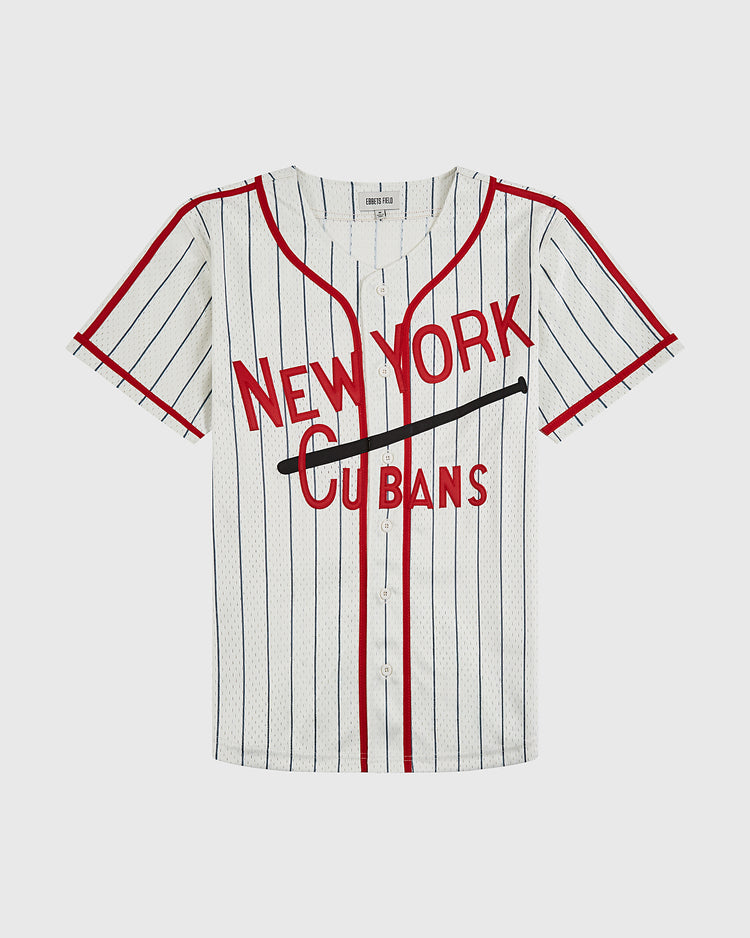 The Ebbets Field New York Cubans Mesh Button-Up Jersey is a white, short-sleeve top with black pinstripes, red trim, and bold red-and-black 