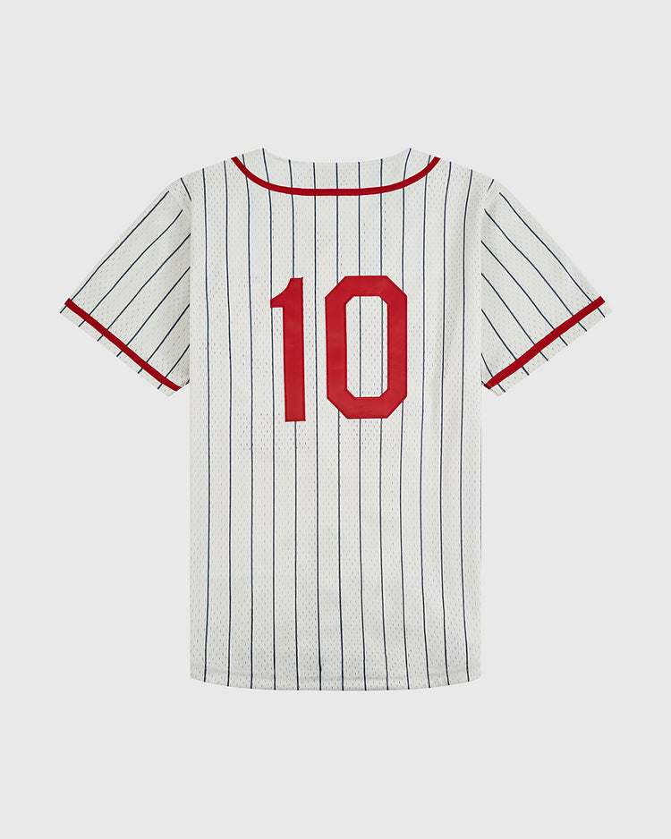The Ebbets Field New York Cubans Mesh Button-Up Jersey features white mesh with thin navy stripes, red sleeve trim, and a bold red number 10 on the back—a tribute to historic Negro League teams and Cuban baseball legends.