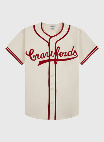 The Ebbets Field Pittsburgh Crawfords 1933 Cotton Twill Jersey features a cream color with red trim, front buttons, and 