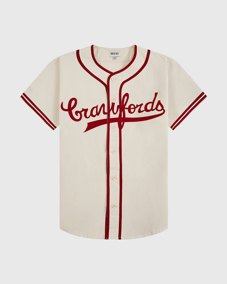 The Ebbets Field Pittsburgh Crawfords 1933 Cotton Twill Jersey features a cream color with red trim, front buttons, and 