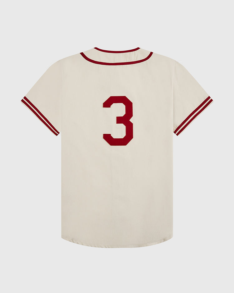 The Ebbets Field Pittsburgh Crawfords 1933 Cotton Twill Jersey is cream-colored with red sleeve and collar trim, and a bold red number 3 on the back, shown against a plain white background.