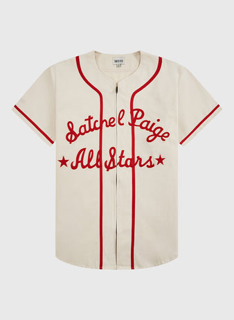 The Ebbets Field Satchel Paige All-Stars 1933 Cotton Twill Jersey is cream-colored with red trim and buttons, featuring 