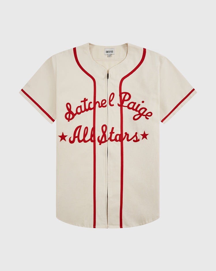 The Ebbets Field Satchel Paige All-Stars 1933 Cotton Twill Jersey is cream-colored with red trim and buttons, featuring 
