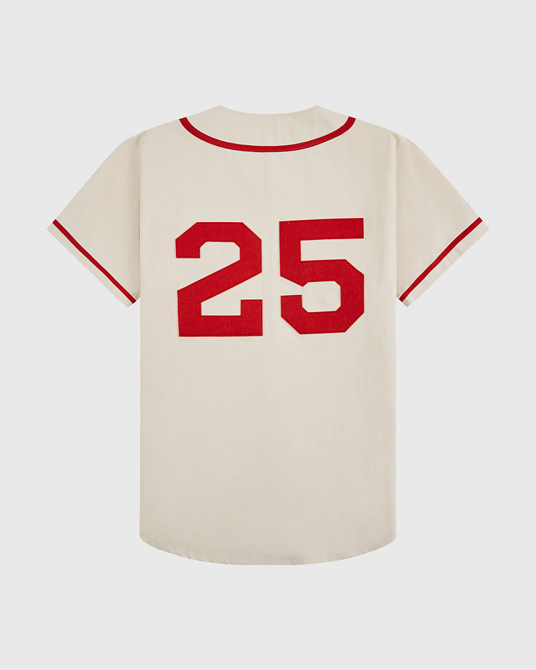 The Ebbets Field Satchel Paige All-Stars 1933 Cotton Twill Jersey is cream-colored with red-trimmed sleeves and collar, featuring a large red number 25 on the back. This classic design is shown against a plain white background.