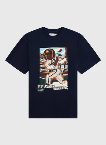 Celebrate Black History Month in the Ebbets Field Karabo Poppy x Jackie Robinson Short Sleeve Graphic Tee, featuring a navy blue design with Karabo Poppy's illustrated baseball graphic and Jackie Robinson text.
