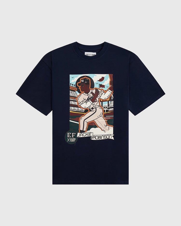 Celebrate Black History Month in the Ebbets Field Karabo Poppy x Jackie Robinson Short Sleeve Graphic Tee, featuring a navy blue design with Karabo Poppy's illustrated baseball graphic and Jackie Robinson text.