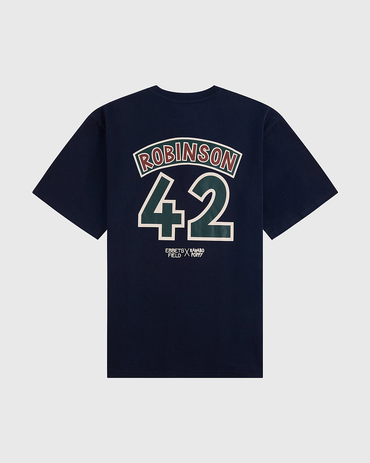 The Karabo Poppy x Ebbets Field Jackie Robinson Short Sleeve Graphic Tee by Ebbets Field features ROBINSON in red and white over a bold 42, honoring Jackie Robinson—a stylish design celebrating Black History Month.