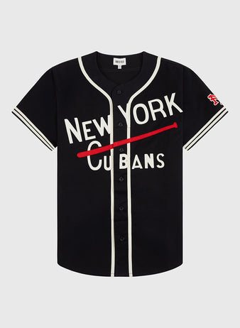 The Ebbets Field New York Cubans Cotton Twill Baseball Jersey features a black base with white trim, NEW YORK CUBANS lettering, a red bat graphic striking through CUBANS, and a red-and-white patch on the left sleeve.