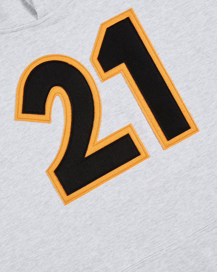 Close-up of the Ebbets Field Karabo Poppy x Roberto Clemente Heavyweight Cotton Pullover Hoodie in grey, featuring bold black 